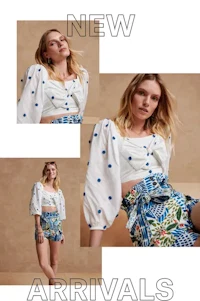 a woman wearing a blouse and shorts with the words new arrivals